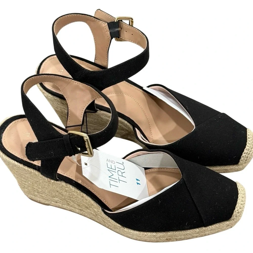 Time and Tru Espadrille Wedge Sandals Black Size 11